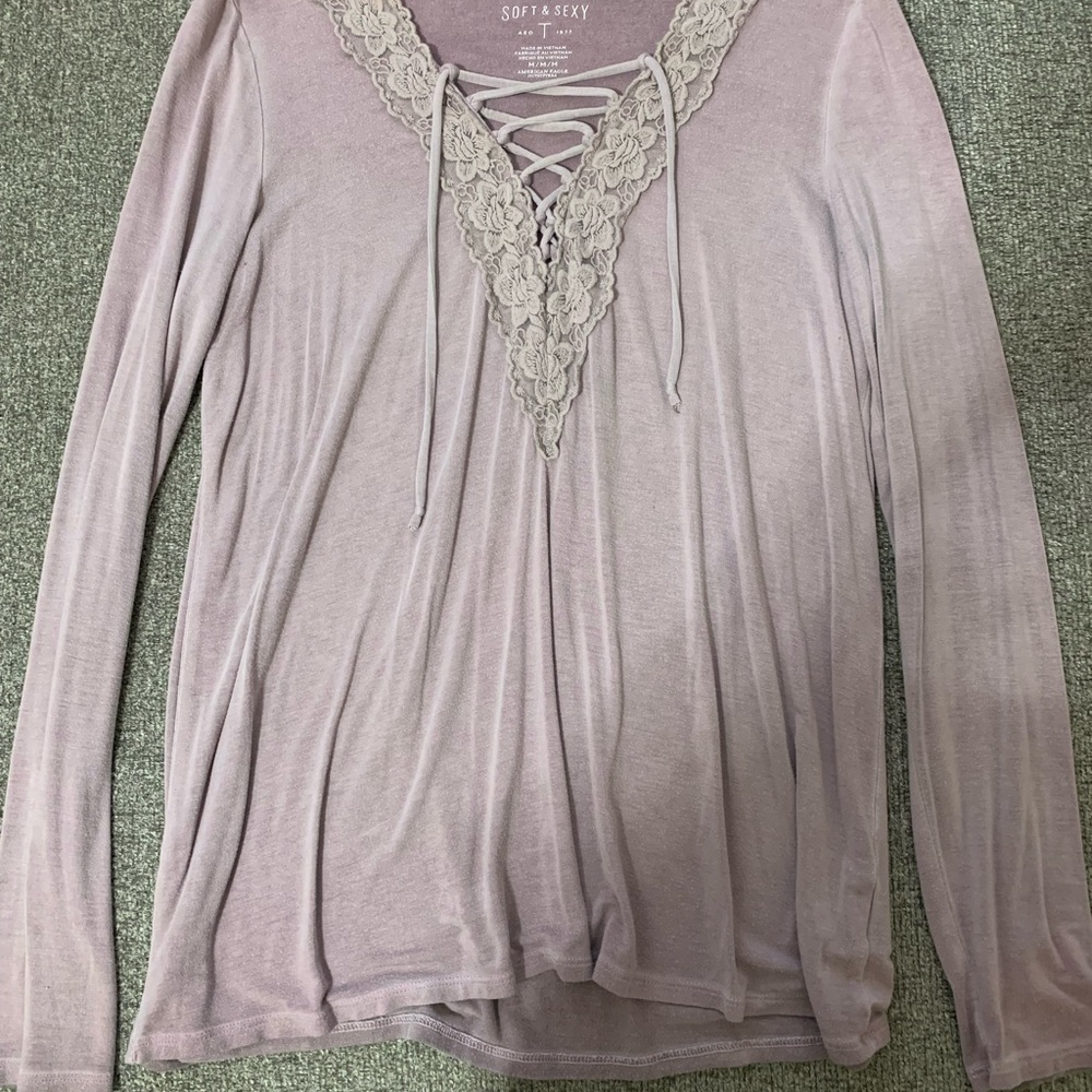 American Eagle Outfitters Purple Blouse with Bib Collar and Tie Front
